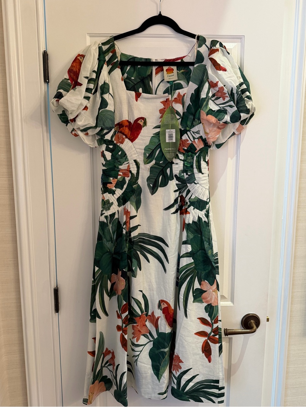 FARM Rio Cream Midi Dress with Green, Red and Coral Tropical Print - Picture 2 of 5